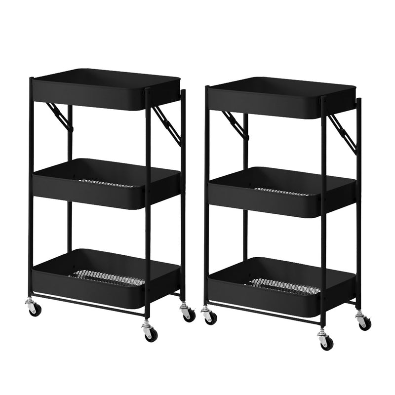 2X 3 Tier Carbon Steel Foldable Kitchen Cart 47cm X 29cm X 77cm Black Wheels