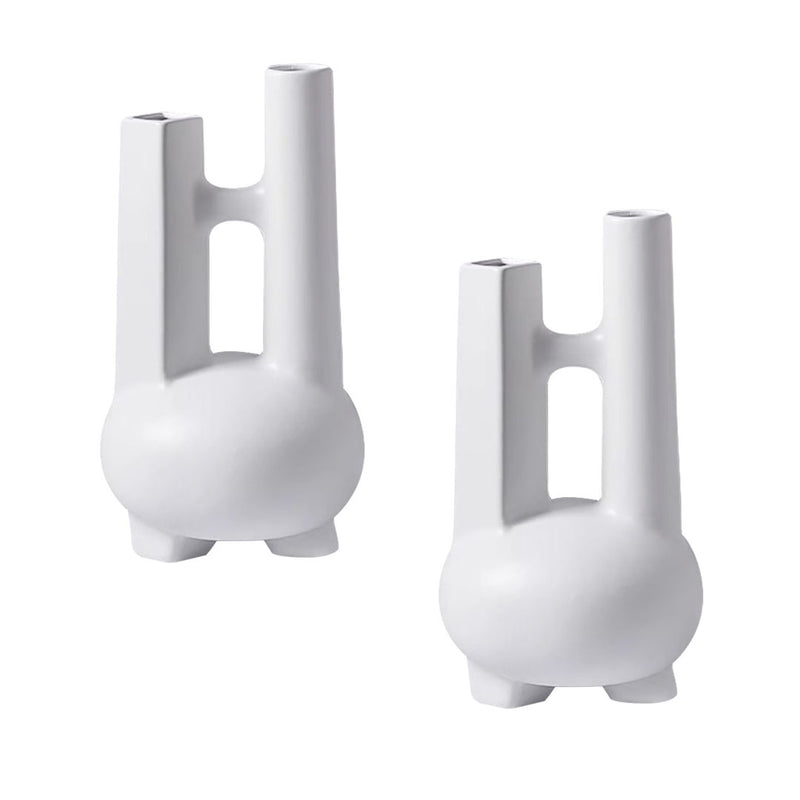2X Ceramic Matte Geometric Vase Double Tube Sculpture White 20.5x36.5Cm