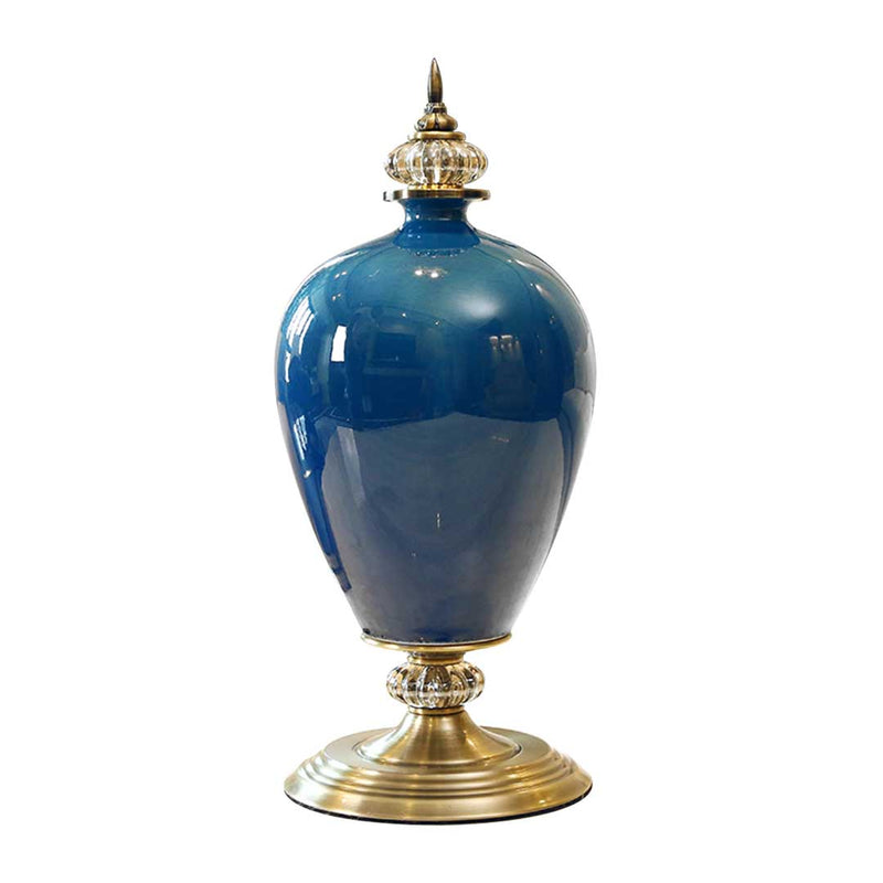 Ceramic Oval Flower Vase Gold Metal Base 42.5cm Dark Blue Home Decor