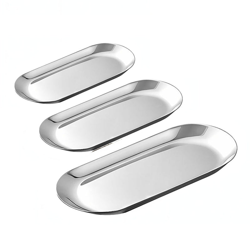 Oval Stainless Steel Plate Set 3 Pieces Small Medium Large Silver Nordic
