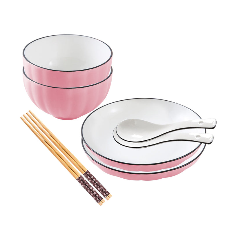 Pink Ceramic Dinnerware Set of 4 Bowls Plates 4.5 7.5 Inch Sleek Design Home