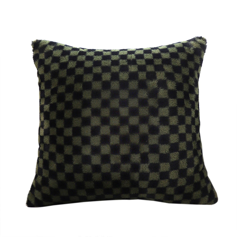 45cm Velvet Plush Square Throw Pillow 15cm Thick Dark Night Green Checkered