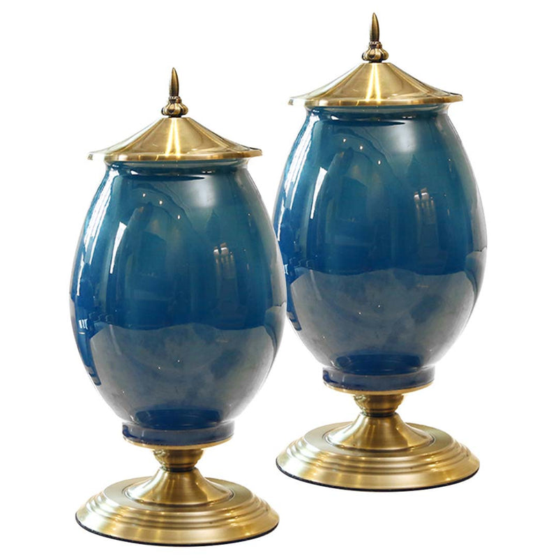 2X Ceramic Oval Flower Vase Gold Metal Base Dark Blue Home Wedding Decor