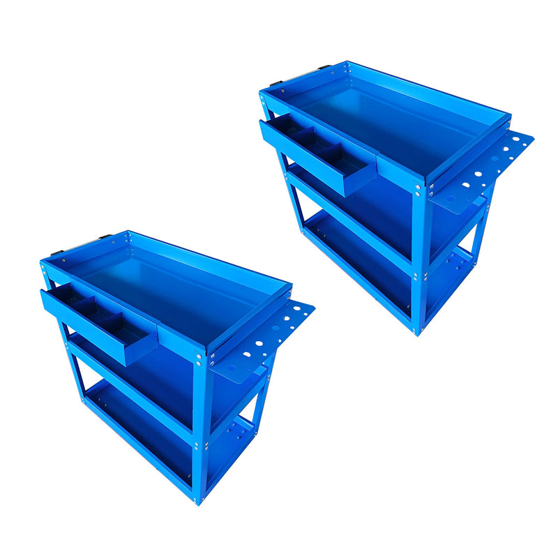 2X 3 Tier Blue Steel Tool Cart 66x36x73cm Mobile Storage Utility Trolley