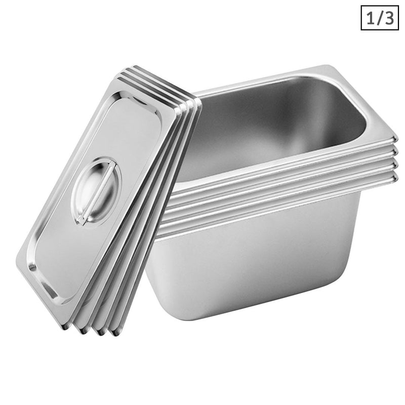 4X 1/3 Gastronorm Stainless Steel Pan 33.4cm x 18.2cm x 15cm Stackable With Lid