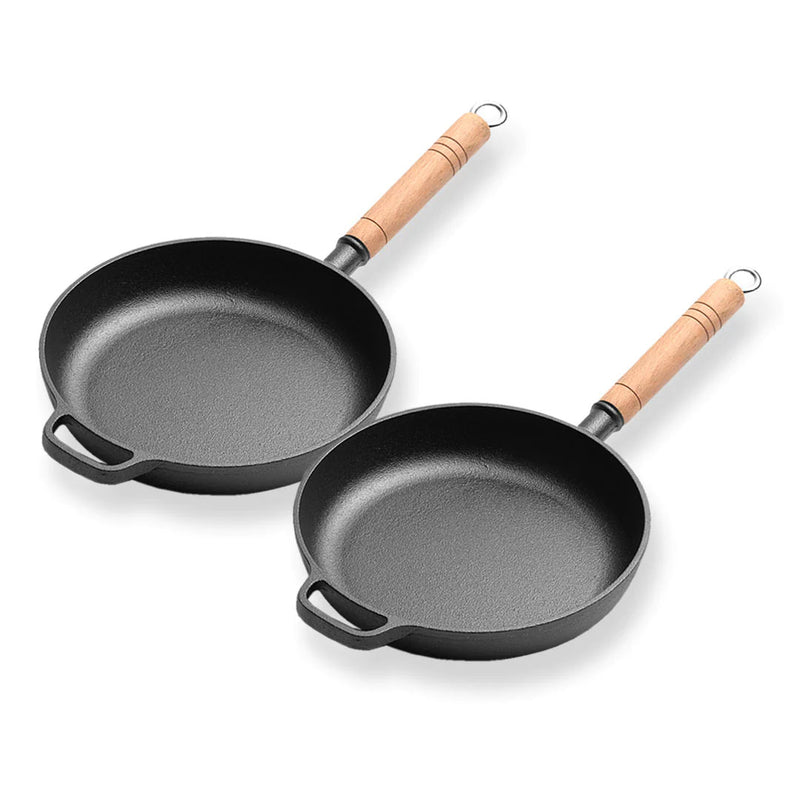 2X 27cm Round Cast Iron Skillet Pre Seasoned Non Stick Wooden Handle