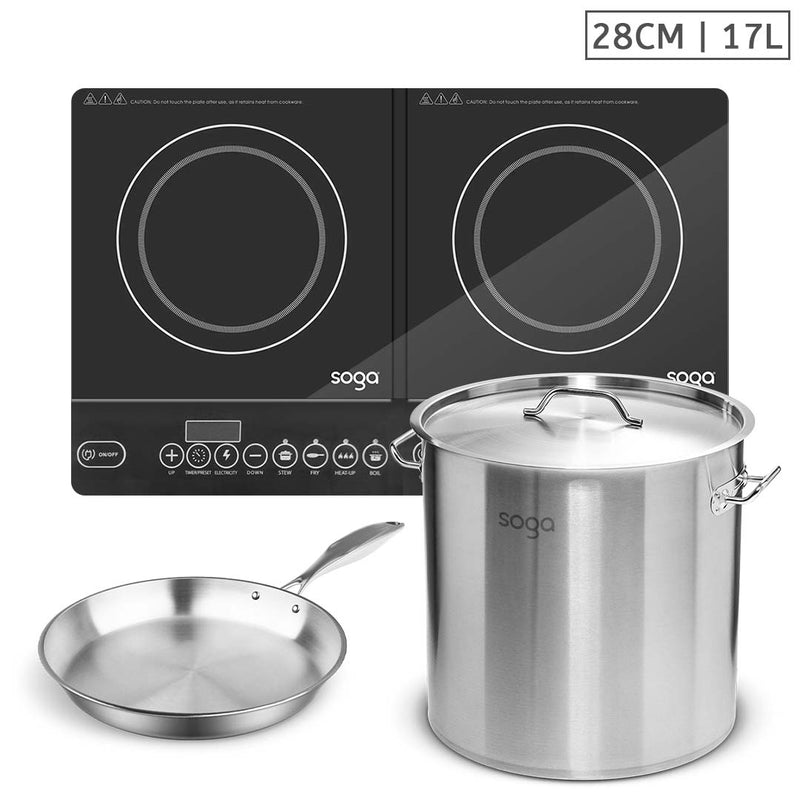 Dual Induction Cooktop 2 Burners Stainless Steel 17L Stockpot 28cm Fry Pan