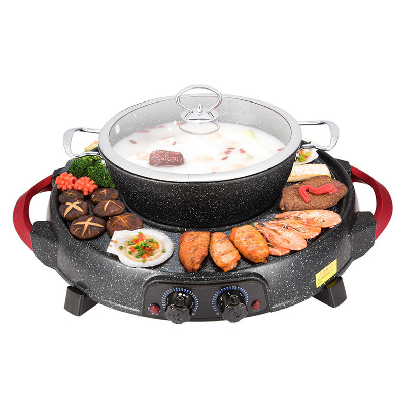 Electric 2 in 1 Stone Coated Non Stick Teppanyaki Grill Steamboat Hot Pot Black