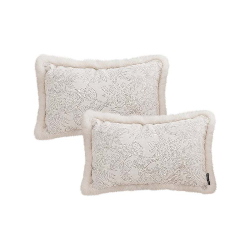 2X 30cm French Jacquard Velvet Pillow Raw Edge Waist Throw Off White