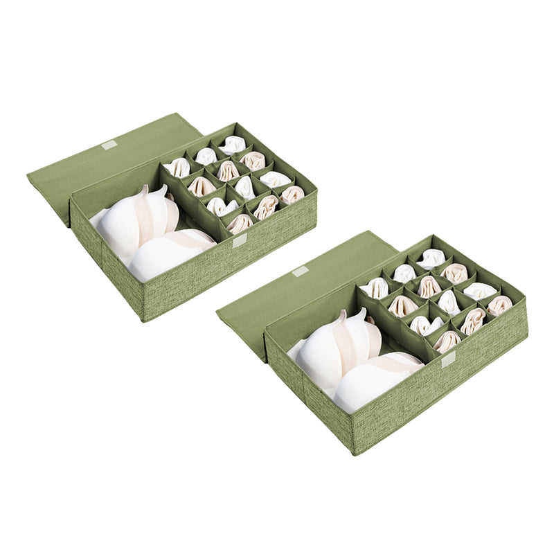 2X Green Flip Top Underwear Organizer Box Foldable 44cmx29cmx13cm Polyester