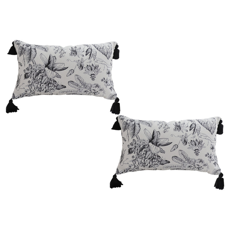2X Throw Pillow Polyester Cotton 35x55x18cm Black And White Floral Tassel