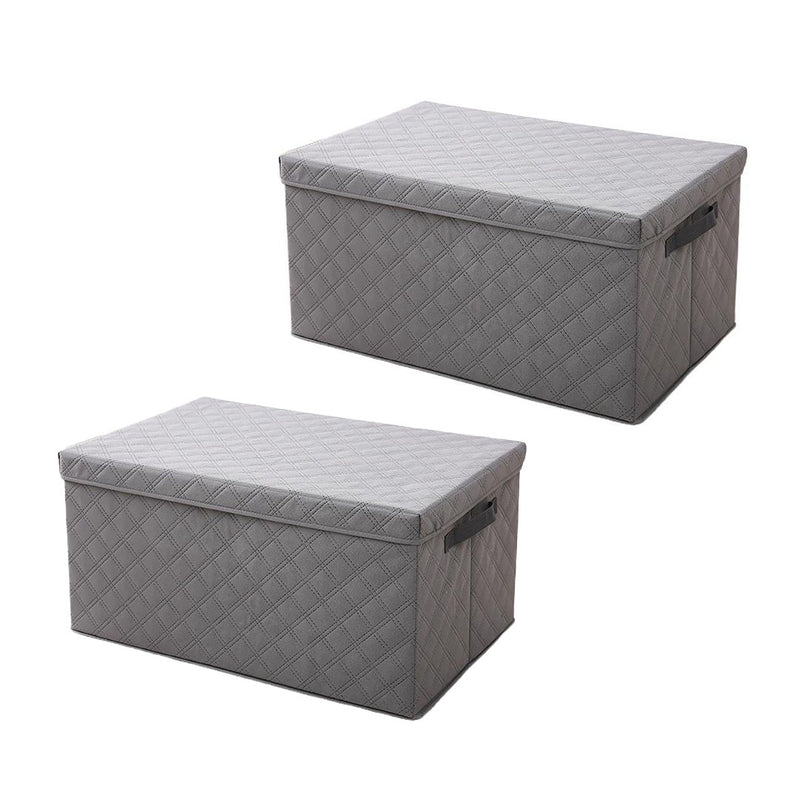 2X Small Grey Non Woven Diamond Quilted Grid Storage Box 60L 35x28x18cm Lid