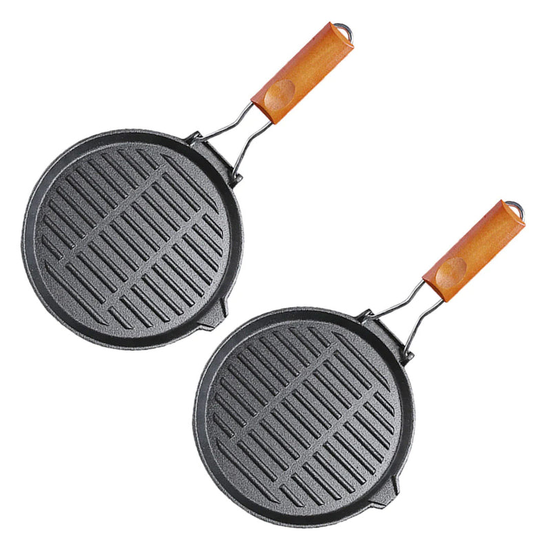 2X 24cm Cast Iron Skillet Grill Pan Ribbed Non-Stick with Folding Handle