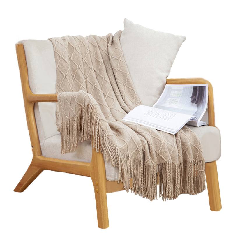 Knitted Throw Blanket 100% Acrylic 130cmx170cm Beige Diamond Pattern Tassels