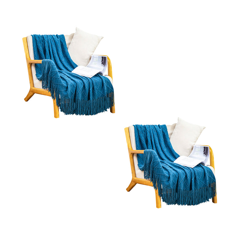 2X Blue Diamond Pattern Throw Blanket 100% Acrylic 130cmx230cm Tassels