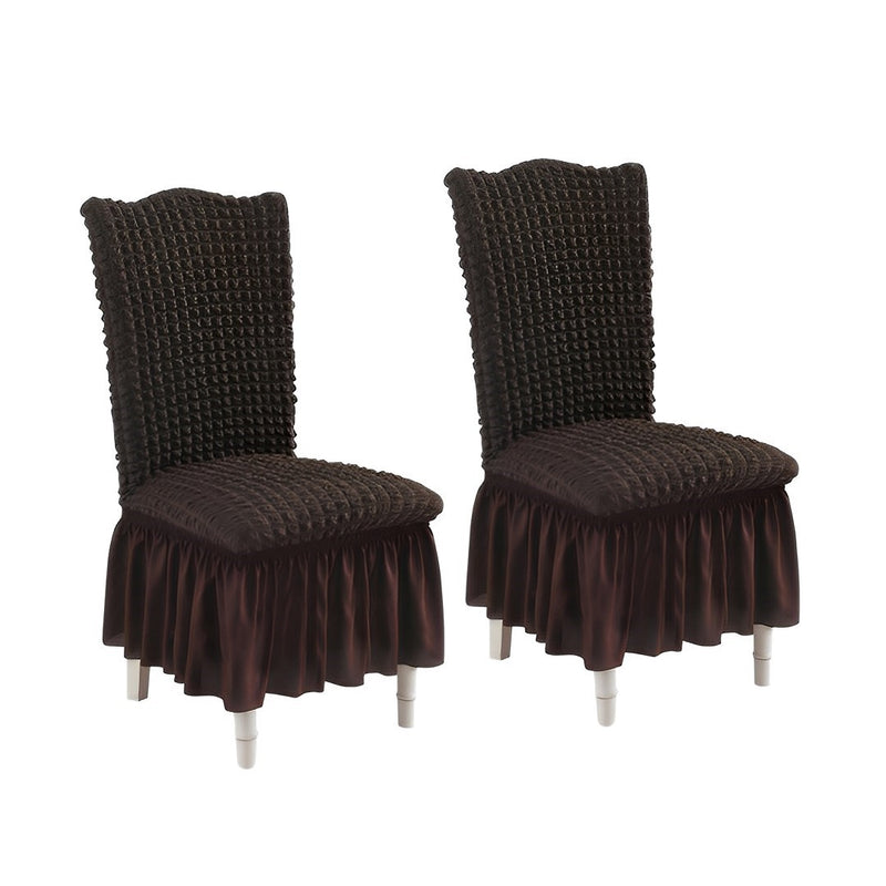 2X Stretch Polyester Chair Covers Ruffle Skirt Coffee Fits Seat Back 45 To 60cm