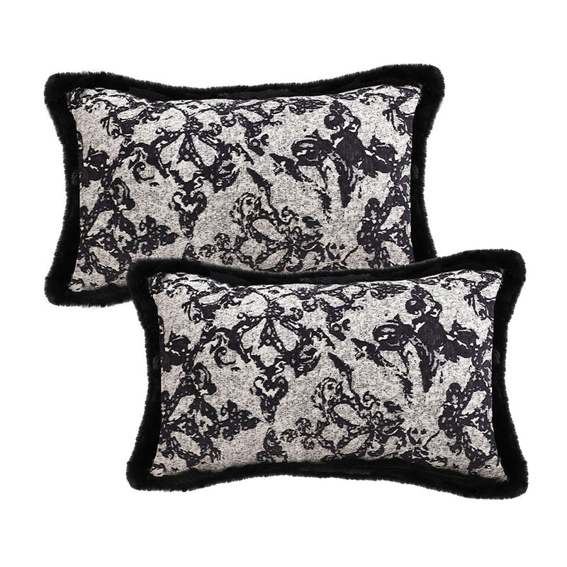 2X 35cm Velvet Lumbar Throw Pillowcase Set Black Herringbone Pattern Plush Feel