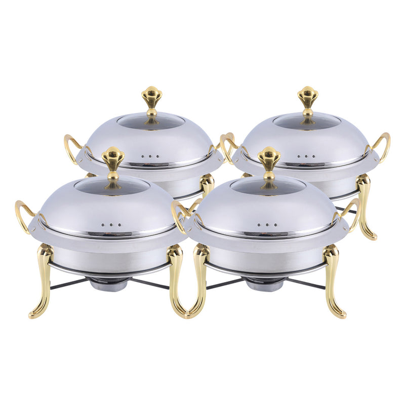 4X Stainless Steel Round Buffet Chafing Dish 34cm Glass Top Gold Accents Silver