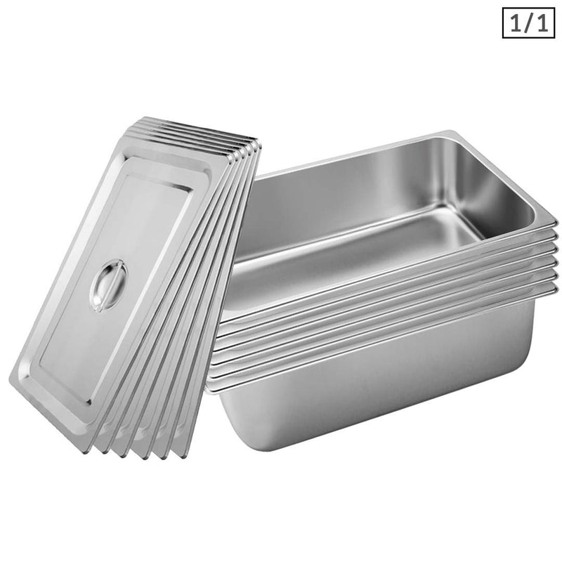 6X Full Size 1/1 GN Stainless Steel Gastronorm Pan 53cm X 32.5cm X 20cm With Lid
