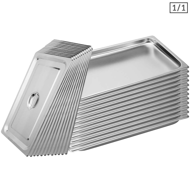12X Gastronorm Full Size 1/1 Pan 53x32.5cm 2cm Deep Stainless Steel With Lids