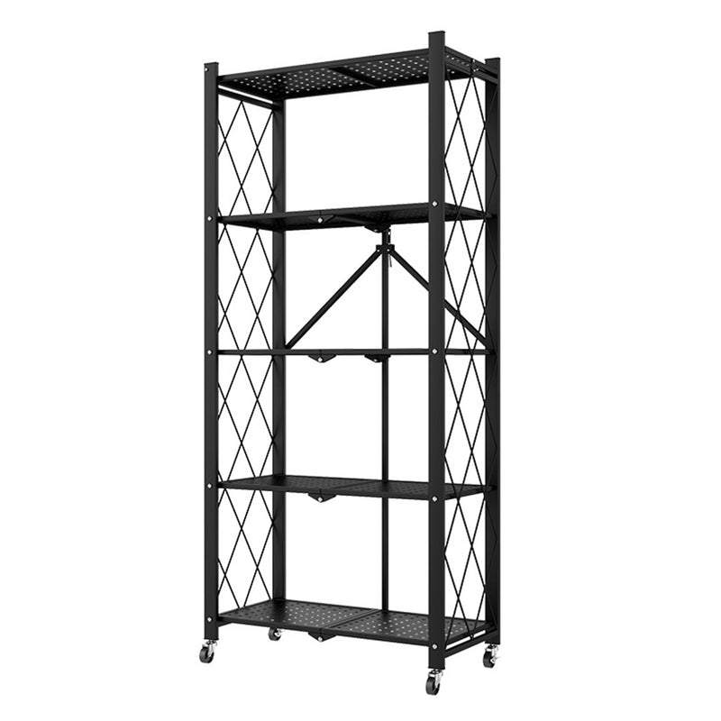 5 Tier Carbon Steel Black Foldable Kitchen Cart With Wheels Storage Shelves