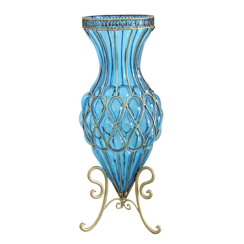 Blue Glass Floor Vase 67cm with Gold Metal Stand Home Wedding Decor