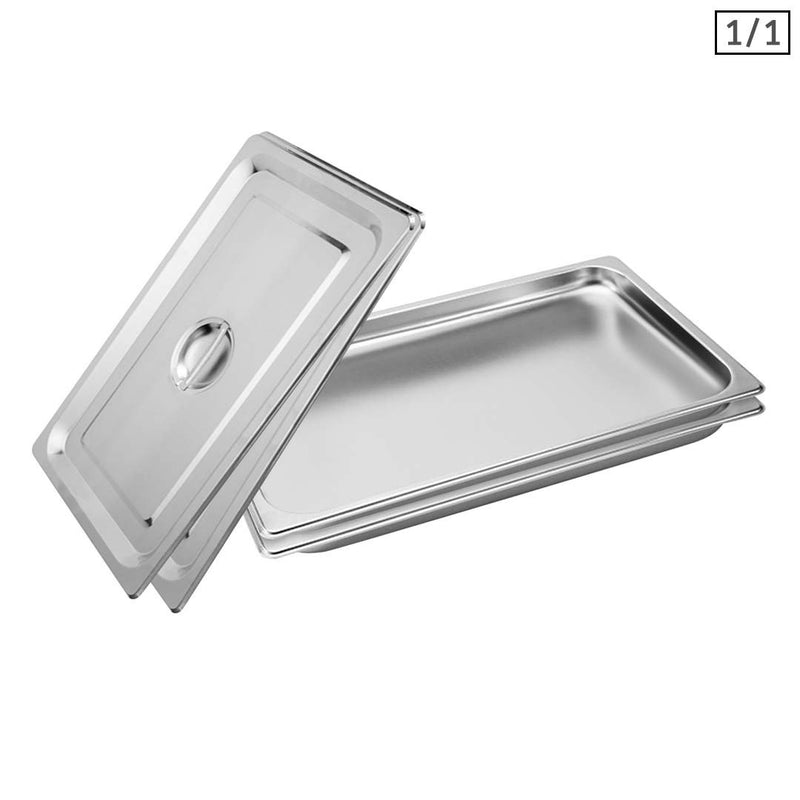 2X Full Size Gastronorm Pan Stainless Steel 2cm Deep With Lids Commercial Use