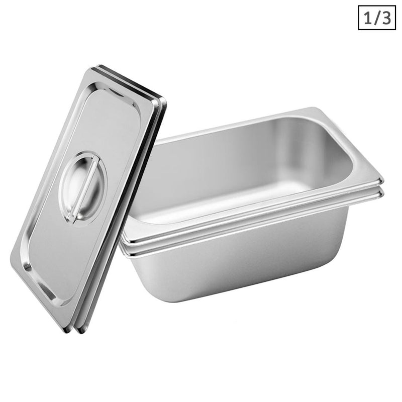 2X 1/3 Gn Stainless Steel Gastronorm Pan 33.4x18.2x10cm Deep Stackable With Lid