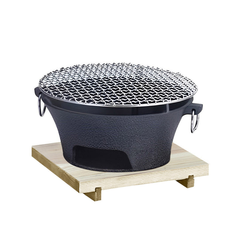 Large Cast Iron Round Table Charcoal Grill Stove 27cm Steel Net Black Wood Base
