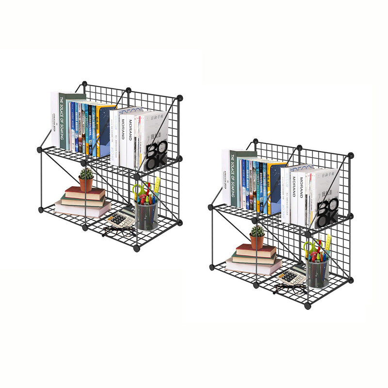 2X Black Portable 4 Cube 2 Tier Iron Wire Mesh Storage Organiser 75x37x75cm