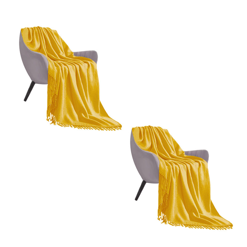 2X Yellow Acrylic Knitted Throw Blanket 130x220cm Fringed Cozy Home Decor
