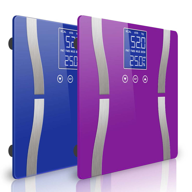 2X Glass Lcd Digital Body Fat Scale 30cm 180kg Blue Purple