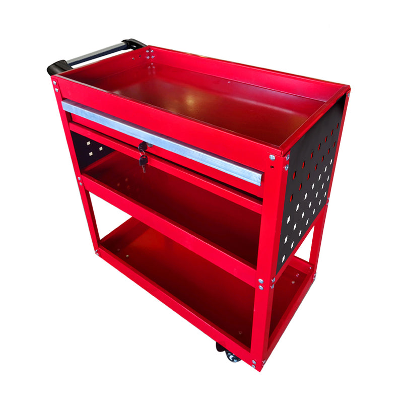 3 Tier Tool Storage Cart Heavy Duty Steel Mobile Trolley with Drawer Red