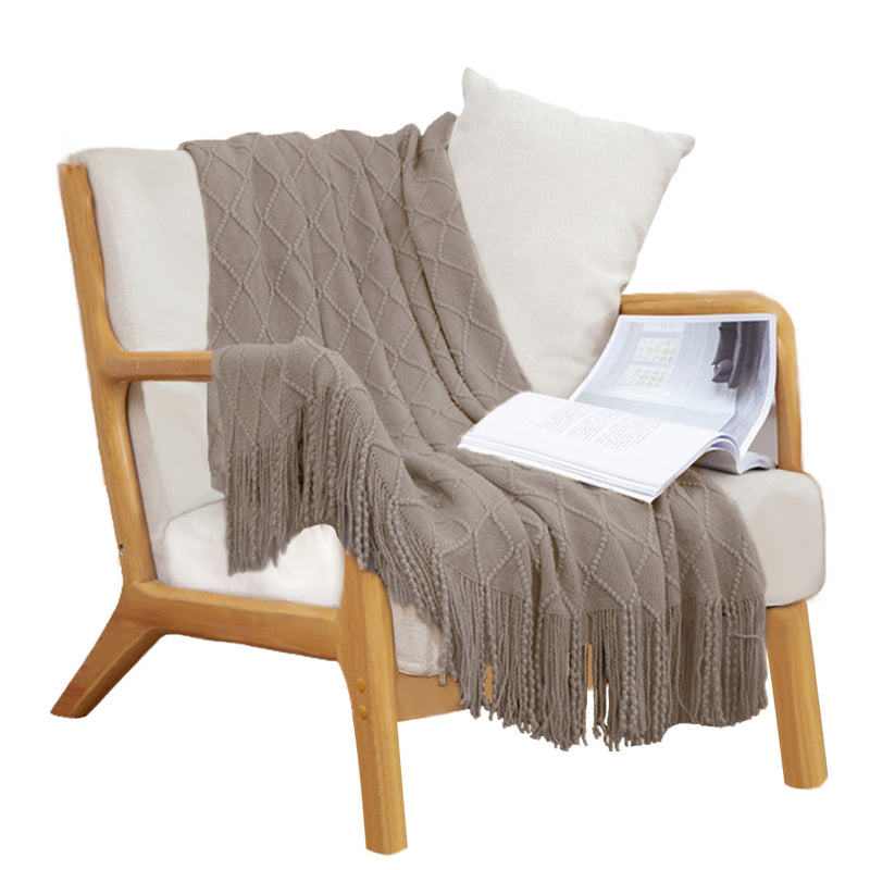 Diamond Pattern Knitted Throw Blanket 100% Acrylic 130x170cm Coffee Fringed
