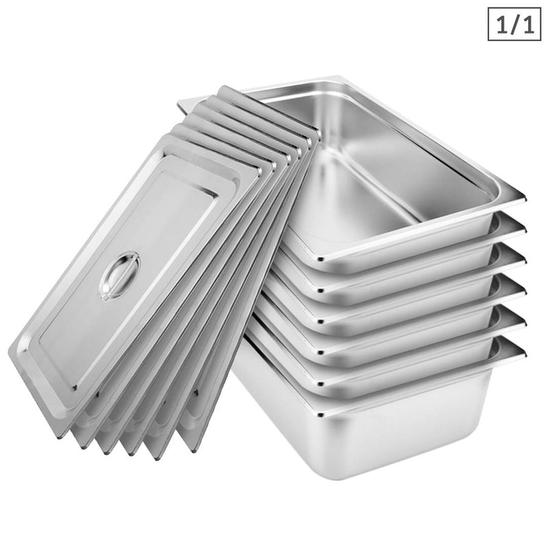6X Full Size Gastronorm Pan Stainless Steel 53x32.5x15cm Stackable With Lids