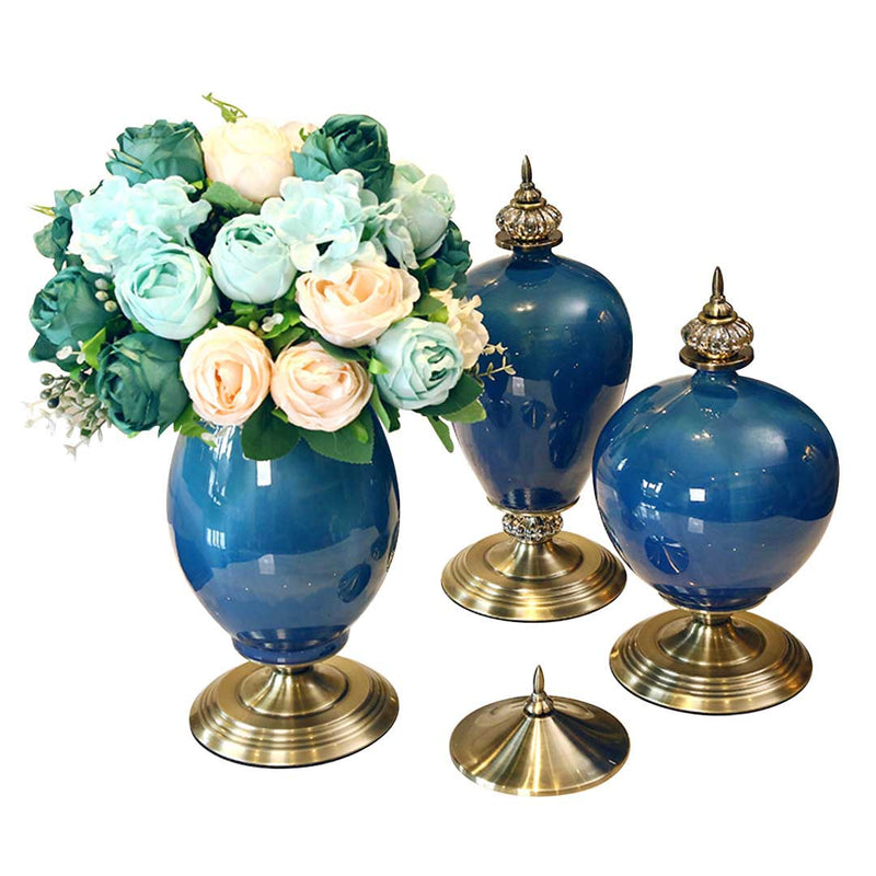 3X Ceramic Oval Vases Set With Flowers Dark Blue 18cm Dia 38.5 40.5 42.5cm