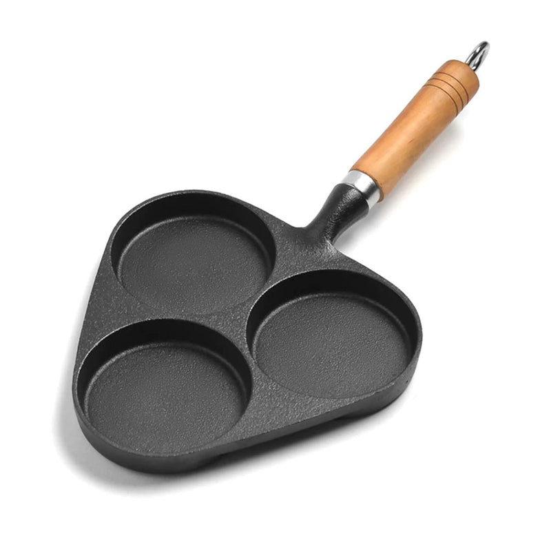 3 Mold Cast Iron Omelette Pan Non-Stick Wood Handle For Eggs Pancakes