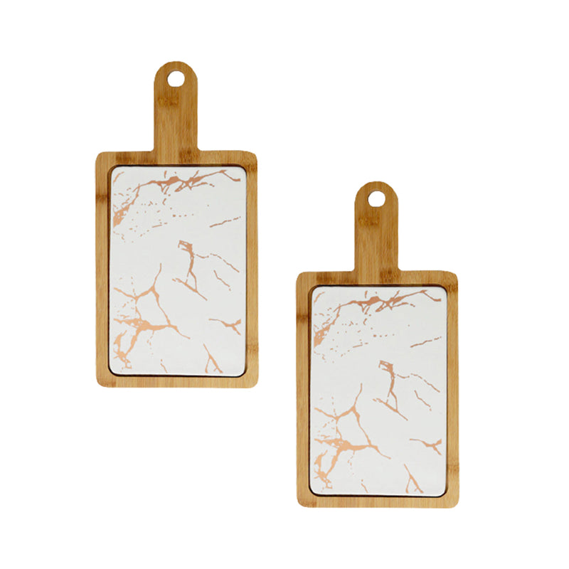 2X 33.5cm White Square Wooden Serving Tray With Removable Slate Center