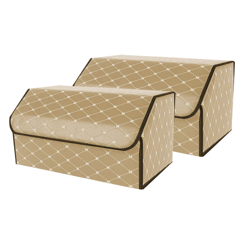 2X Leather Car Boot Organizer Foldable Storage Box Beige Gold Stitch Large