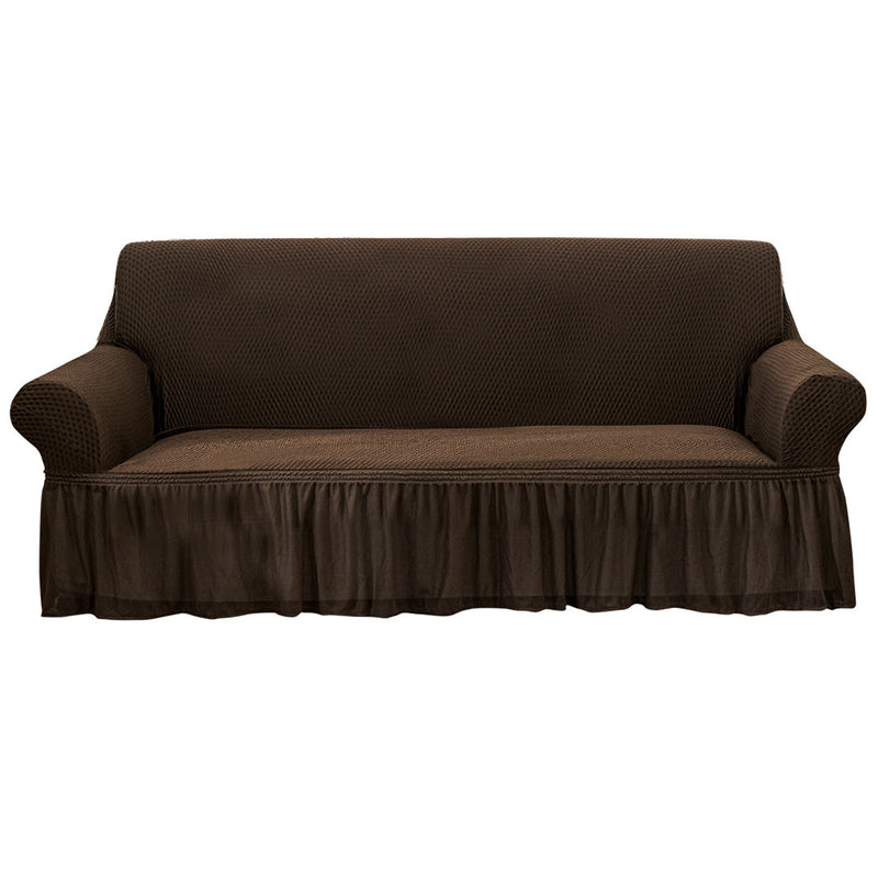 3 Seater Polyester Sofa Slipcover Ruffled Skirt Stretch Coffee 195 To 230cm