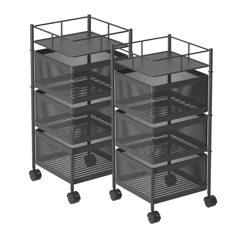2X 3 Tier Carbon Steel Rotating Kitchen Cart Black 29x28x65cm 10Kg Per Shelf