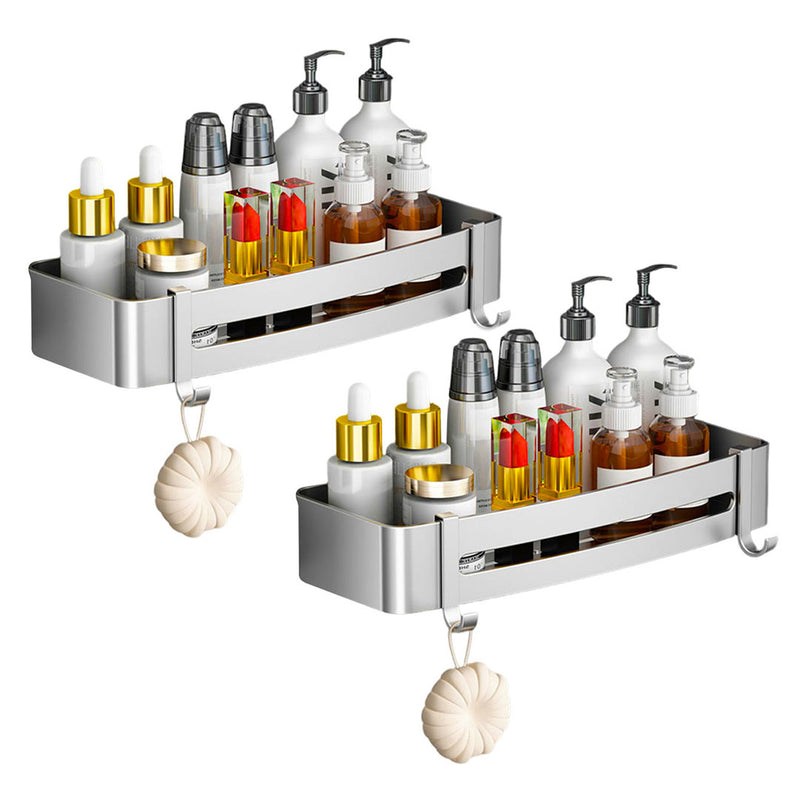 2X Silver Aluminum Wall Mounted Bathroom Shelf Rack With Hooks 33x15x6cm