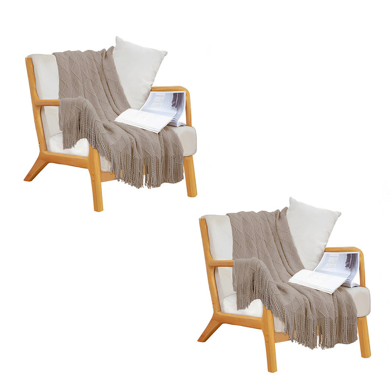 2X Coffee Acrylic Knitted Throw Blanket Diamond Pattern Tassels 130x170cm
