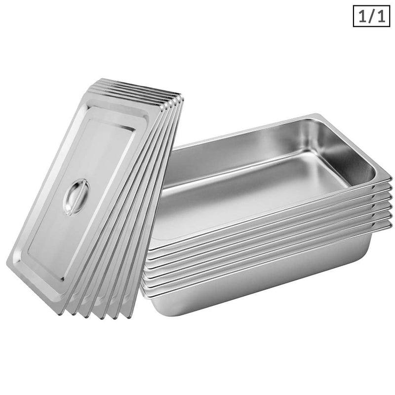 6X Gastronorm GN Full Size 1/1 Stainless Steel Pan 53cm x 32.5cm 10cm With Lid