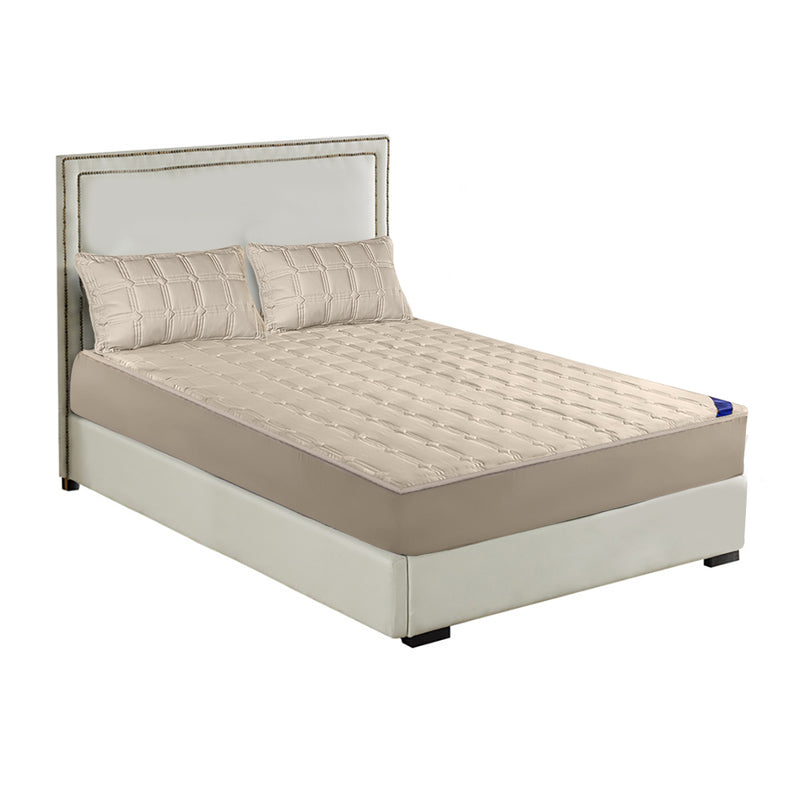 Beige King Size Quilted Mattress Cover Set With 2 Pillow Covers Polyester