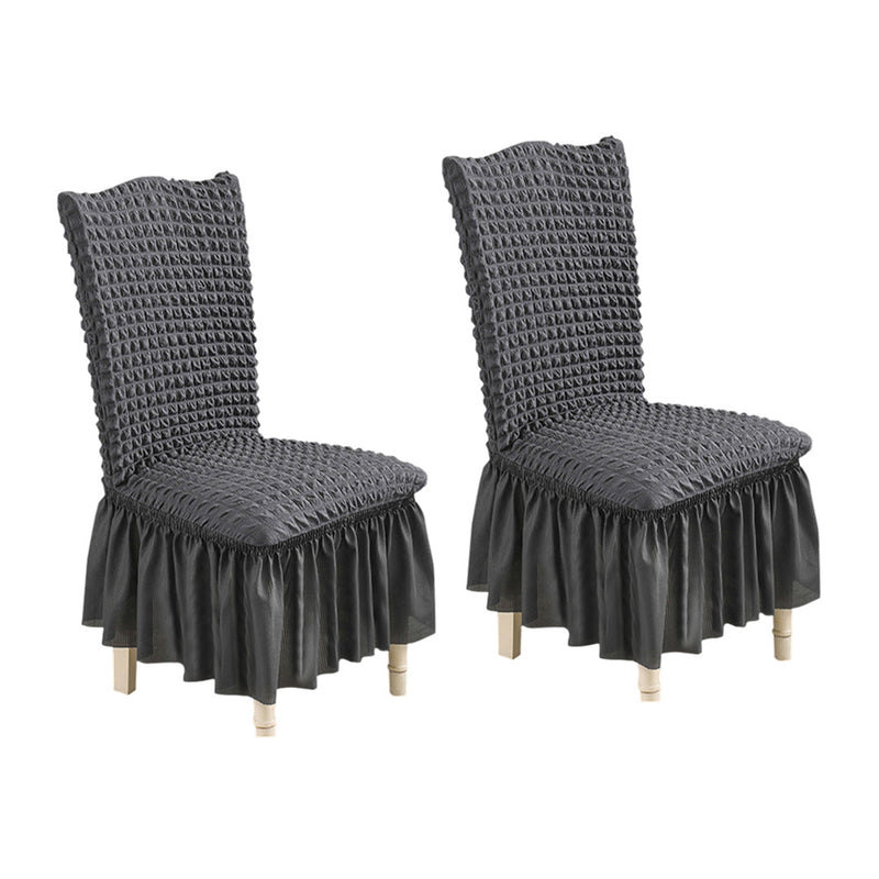 2X Dark Grey Stretch Chair Cover Polyester With Ruffle Skirt Home Party Decor
