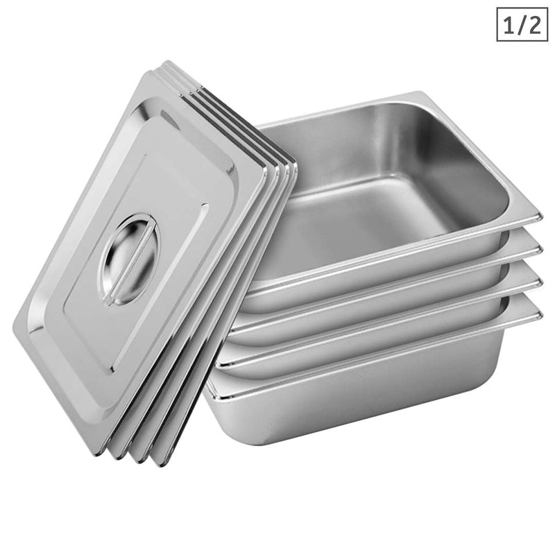 4X 1/2 Gastronorm Pan Stainless Steel 27cm x 33cm x 10cm With Lid