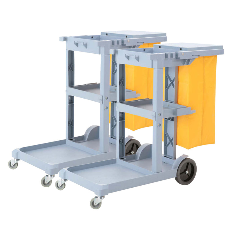 2X 3 Tier Janitor Cleaning Cart with Shelves Waterproof Bag and Lid Gray Yellow