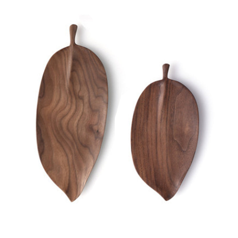 Set of 2 Acacia Wood Leaf Shape Serving Trays Small 25cm Medium 38cm Walnut