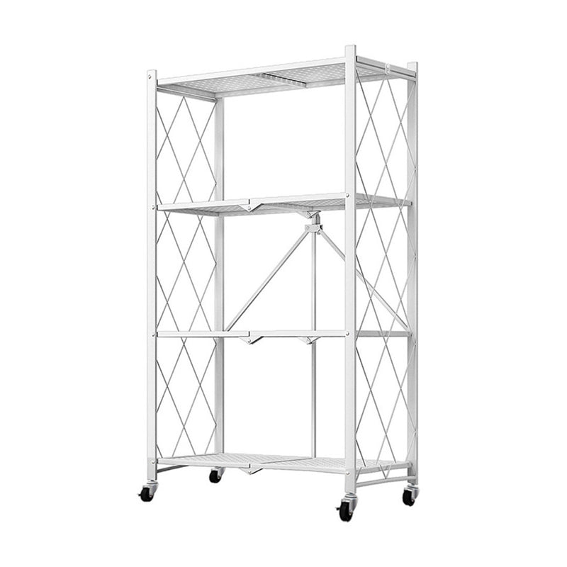4 Tier Foldable Carbon Steel Kitchen Cart White Portable Storage Shelves Wheels